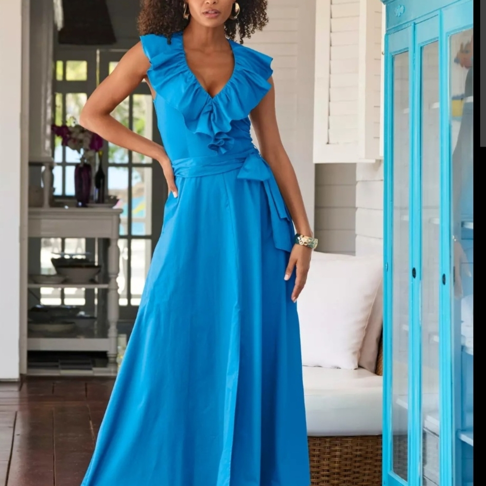 Boston Proper Blue Ruffle Maxi Dress, NWT, size 16